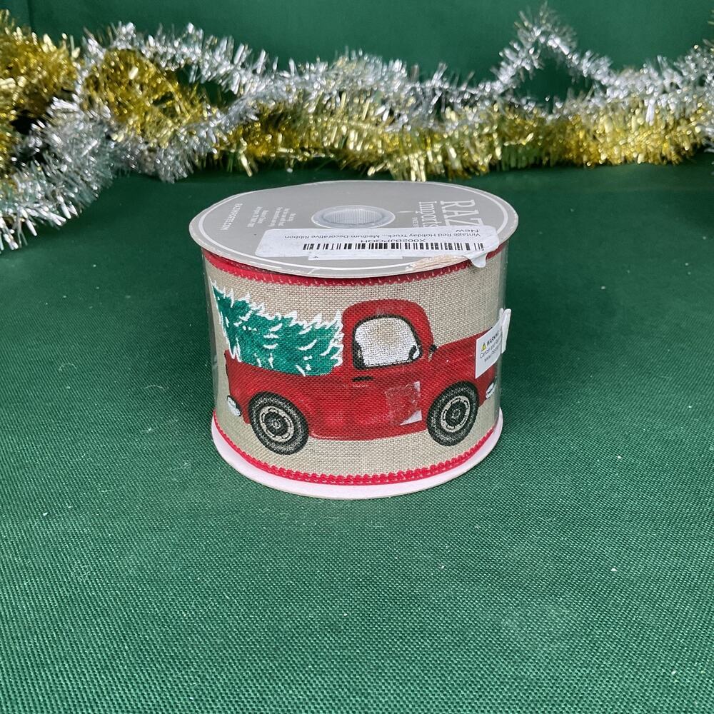 RAZ Imports Christmas Ribbon Vintage Red Truck Tree Wired Edge Burlap Holiday